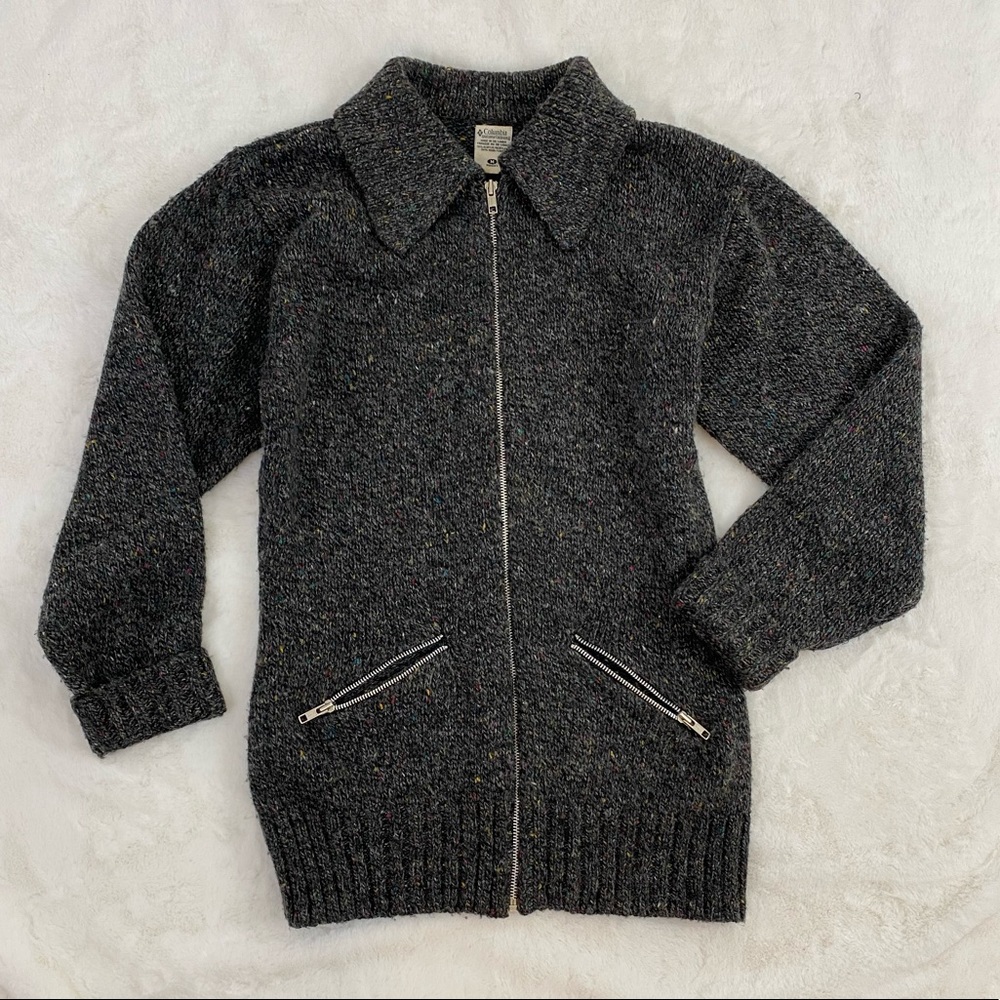 Columbia Womens Sweater Medium Wool Full Zip Gray Ribbed Collar Acrylic